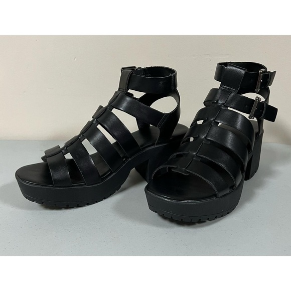 SO Black ‘Bayleigh’ Strappy Chunky Leather Open-Toe Sandals Shoes Heels Size 9🖤 - Picture 4 of 6